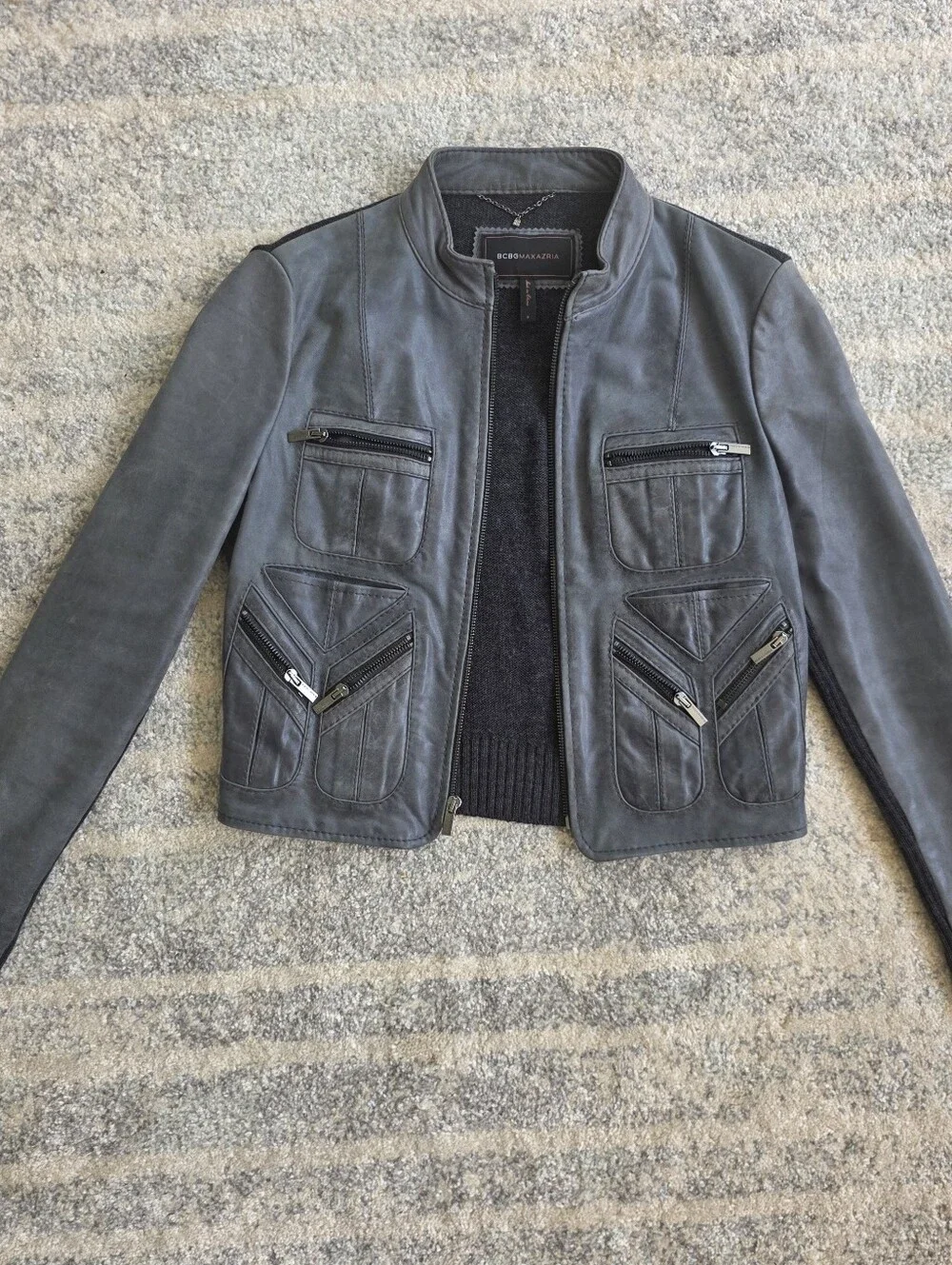 BCBGMAXAZRIA Gray REAL Leather Moto Jacket – Edgy Luxe Designer Jacket S